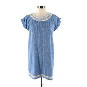 Roller Rabbit 100% Cotton Blue Chambray Embroidered Short Sleeve Shift Dress S